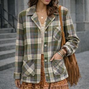 Vintage Pendleton Plaid Wool Jacket Shacket Unlined Green Cream Button Front
